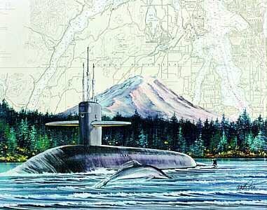 Submarine with Mt. Rainier in distance