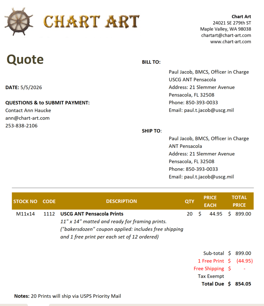 Chart Art Quote USCG ANT Pensacola Prints