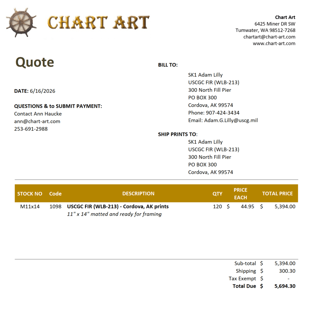 Chart Art Quote USCGC FIR 120 Matted Prints